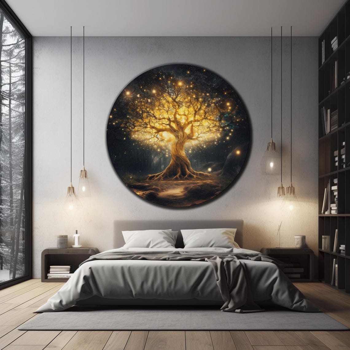 Glowing Golden Tree Of Life Twisted Trunk Starry Night Wall Art - Image 3