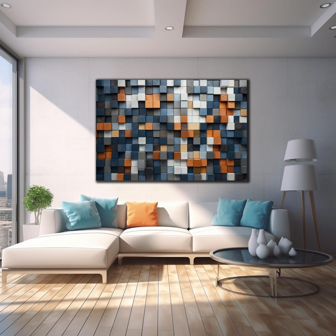 Navy Gray White Orange Small 3D Cube Mosaic Modern Geometric Wall Art - Image 4
