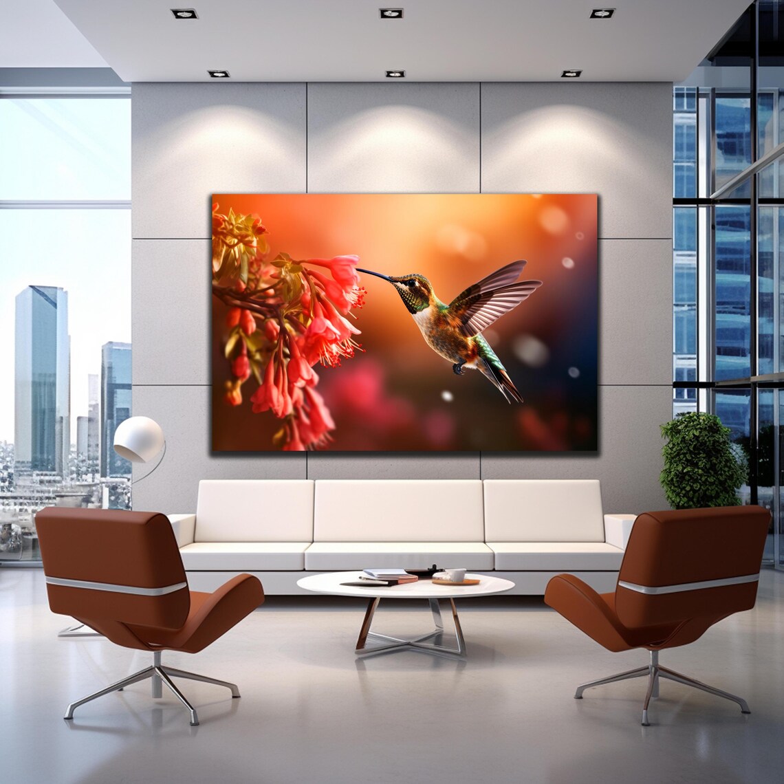 Bronze Hummingbird Red Trumpet Blooms Golden Bokeh Nature Poster - Image 3