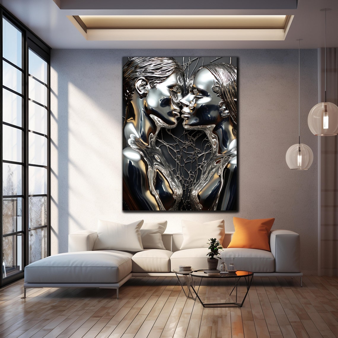 Silver Chrome Kissing Couple 3D Effect Romantic Love Wall Art Poster - Image 4
