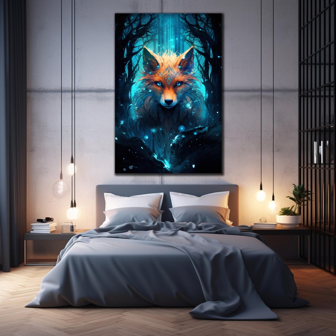 Mystical Fox Spirit Teal Forest Fantasy Animal Night Wall Art Poster - Image 2