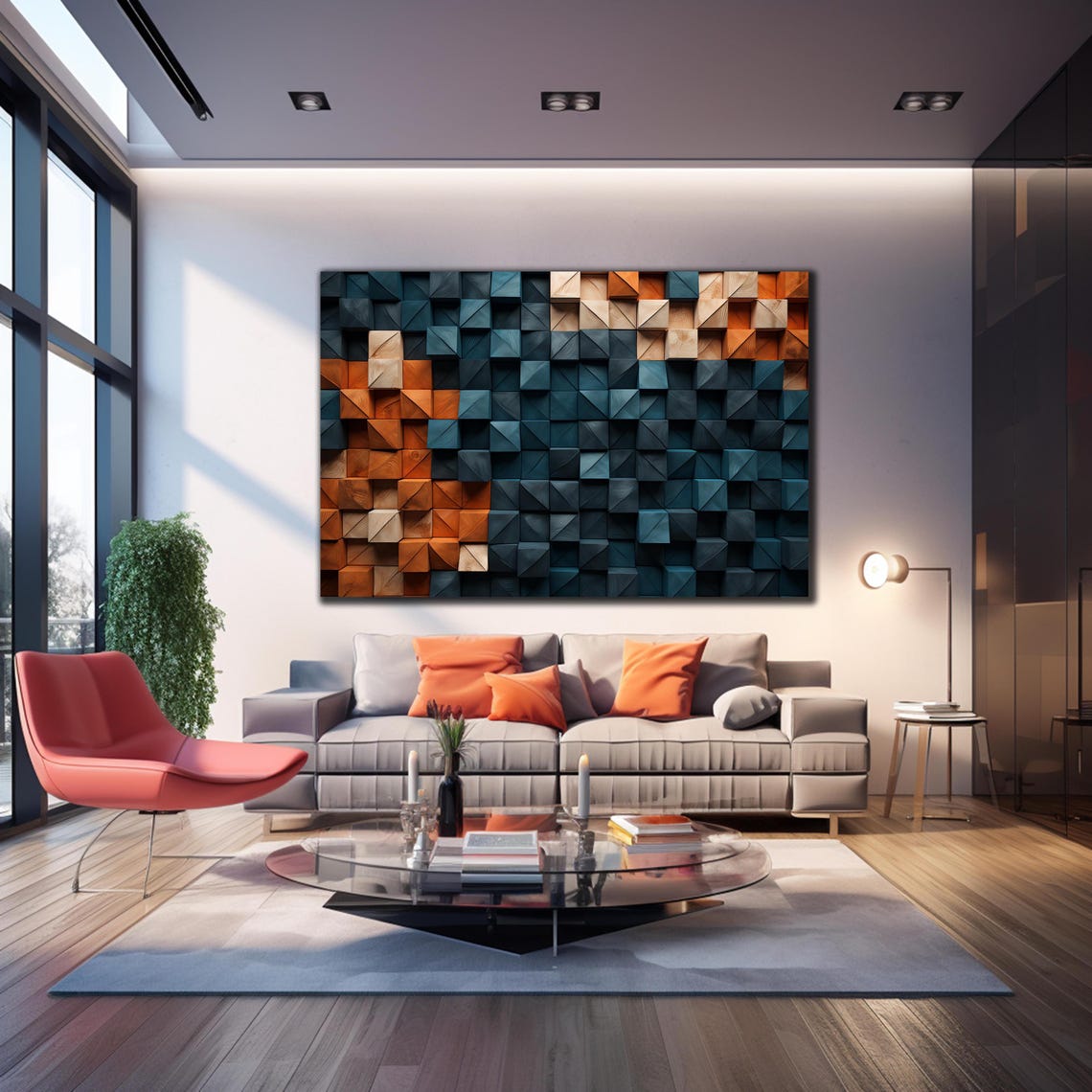 Navy Orange Wood Pyramid Cube Blocks 3D Geometric Modern Wall Art - Image 3