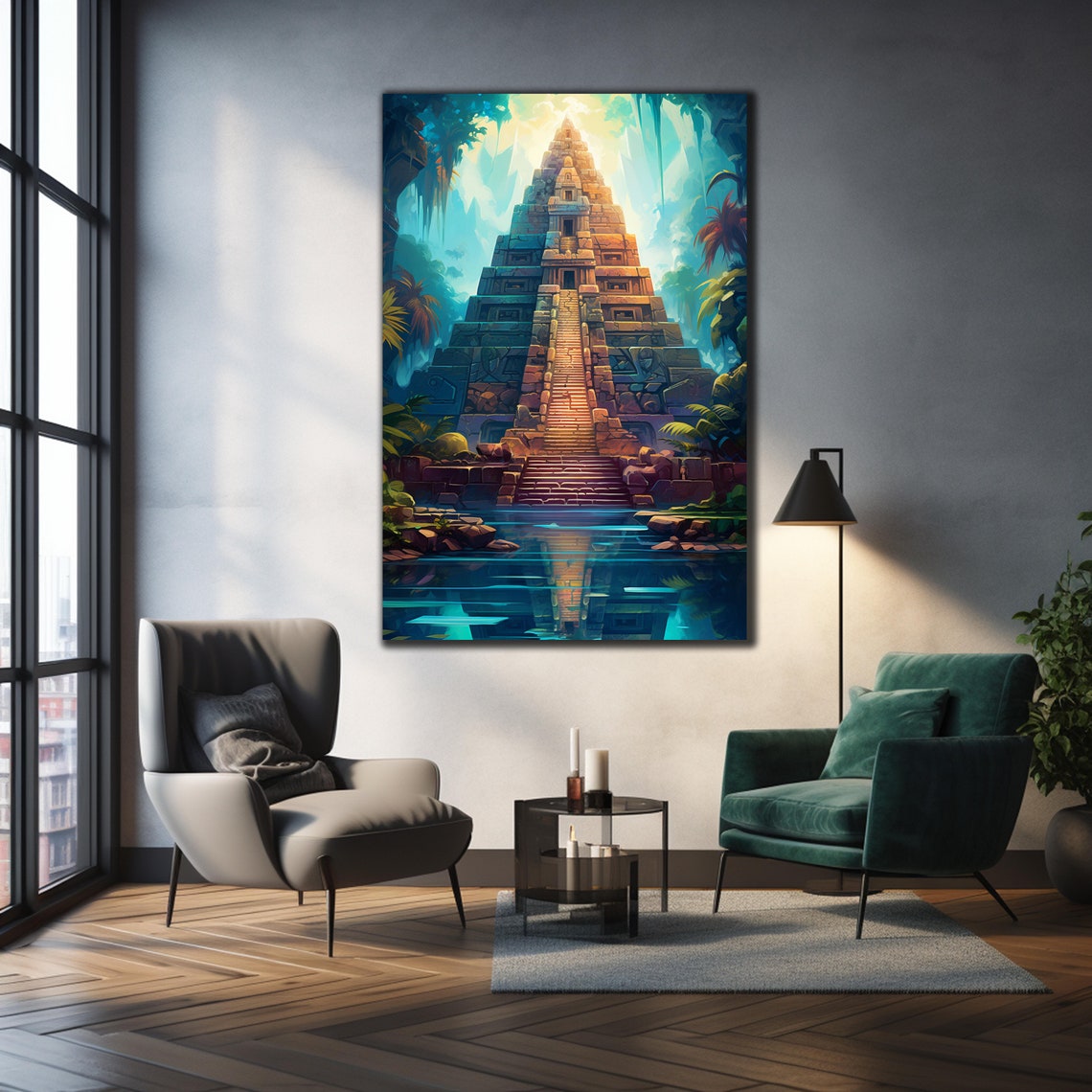 Mayan Jungle Pyramid Waterfall Light Turquoise Lagoon Travel Poster - Image 2