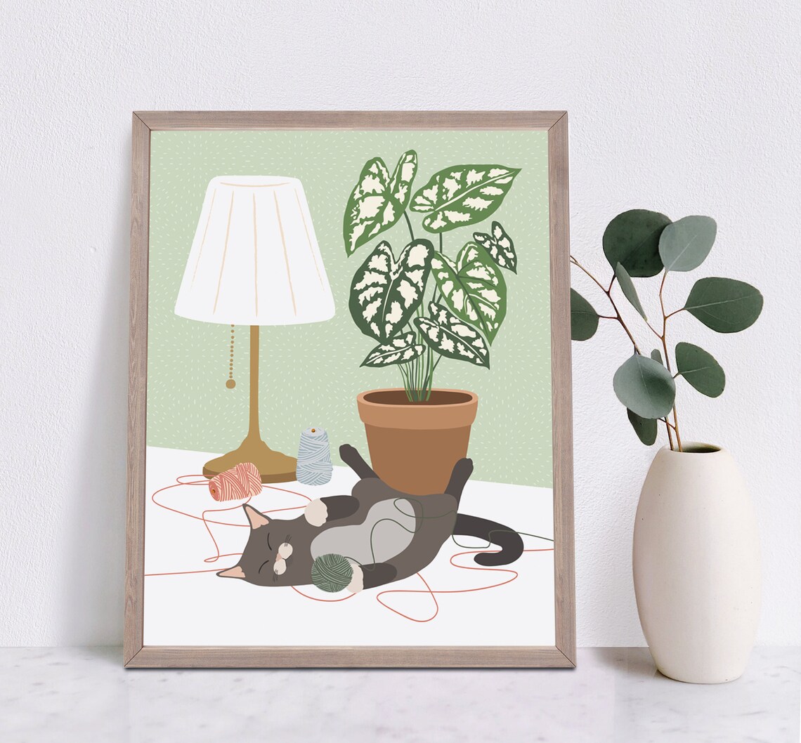Cat Playing Alone Boho Cat Plant Art Print - Image 2