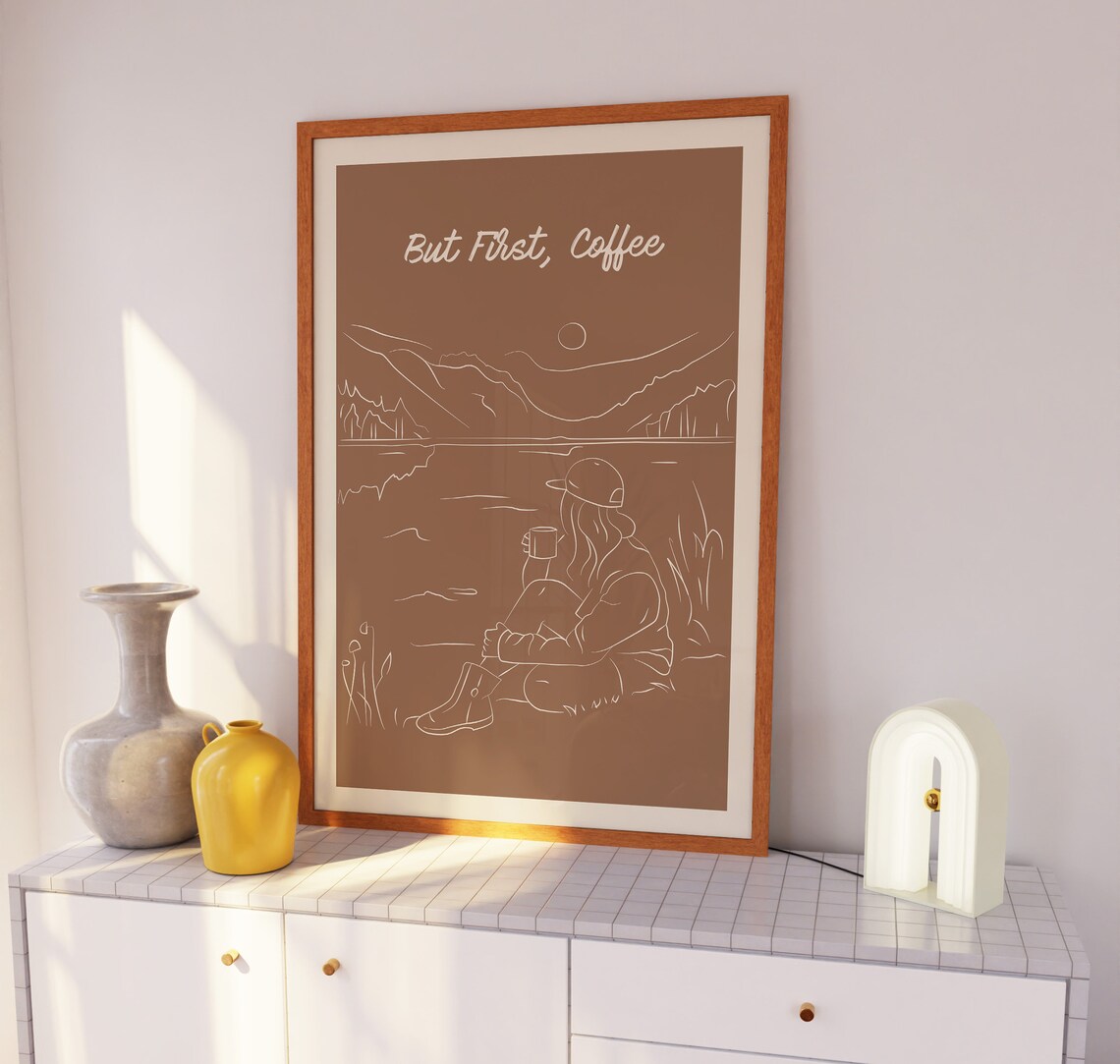 But First Coffee Art Coffee And Nature Artwork Lake And Mountain Drawing Drinking Coffee Print Coffee Bar Poster Line Drawing - Image 3