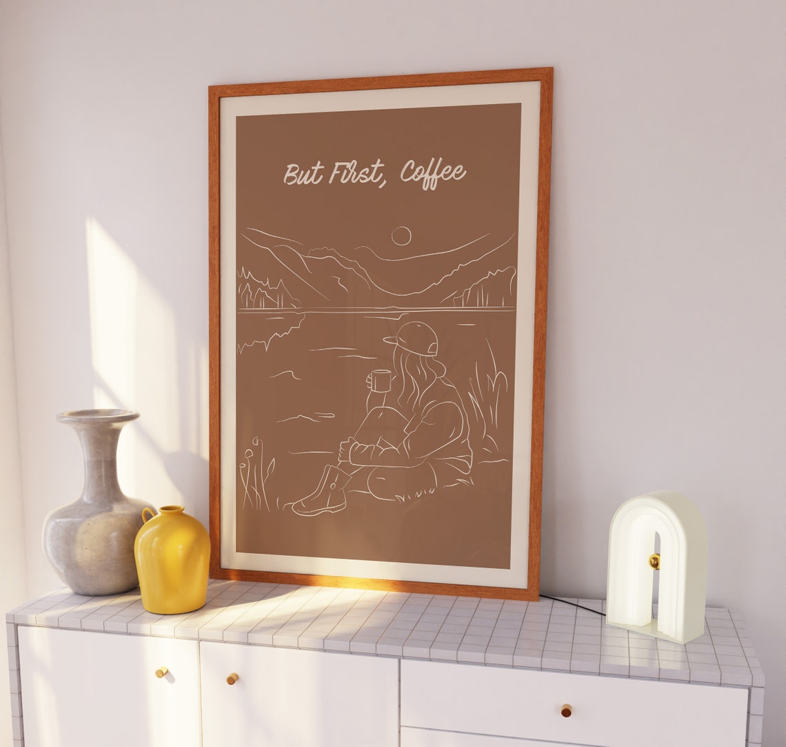 But First Coffee Cozy Lakeside Line Drawing Quote Brown Wall Art - Image 3