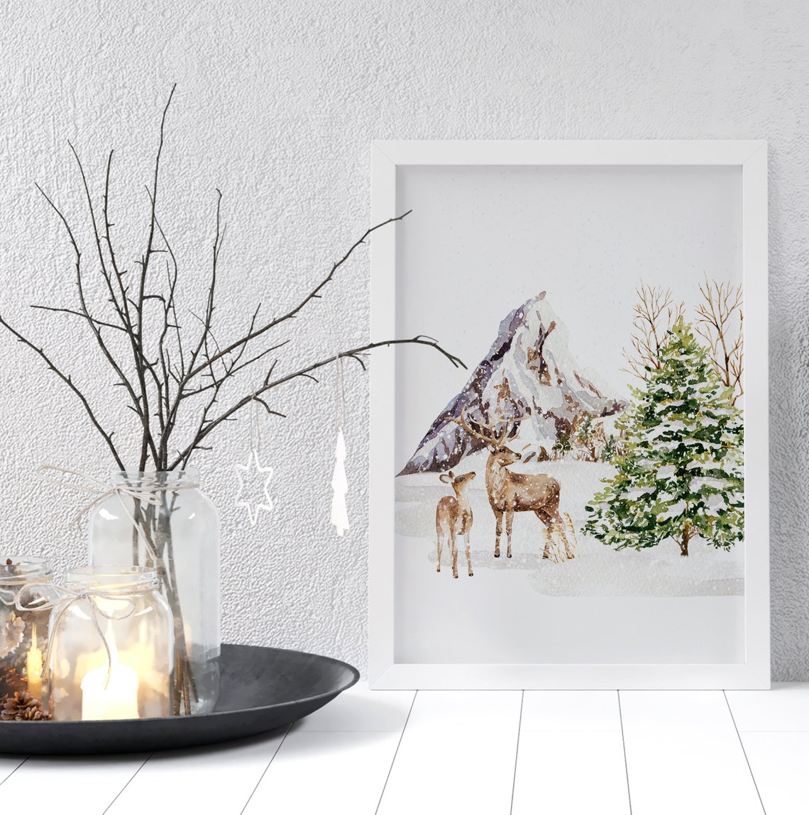 Two Deer In Snowy Mountain Landscape Winter Watercolor Poster - Image 4