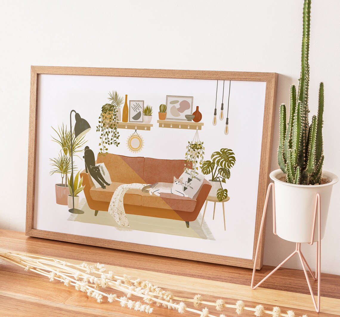 2 Cats In Plants Interior Cat Plant Poster