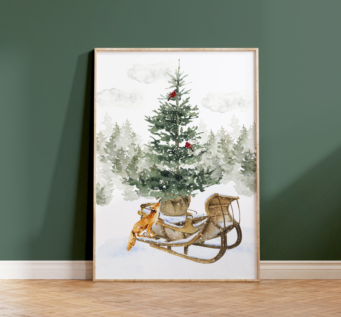 Red Fox On Wooden Sleigh With Pine Tree And Cardinals Wall Art