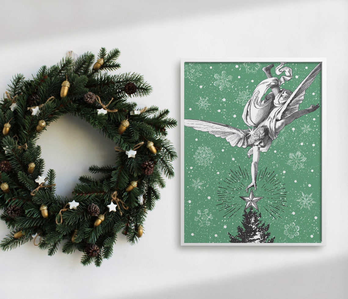 Vintage Angel Placing Star Atop Christmas Tree Green Wall Art - Image 3