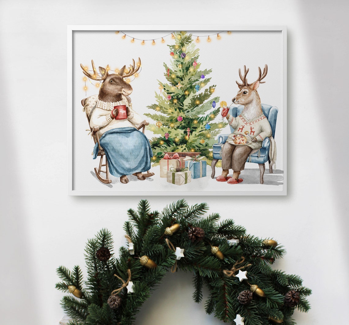 Cozy Reindeer Pair Sharing Cocoa Beside Christmas Tree Wall Art - Image 3