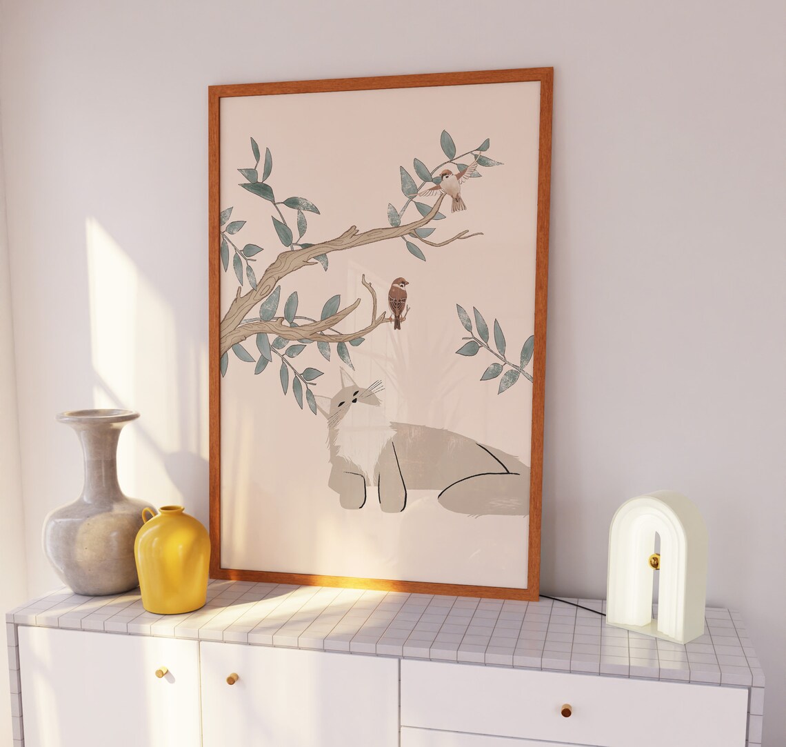 Lazy Cat and Birds Botanical Cat Wall Art Print - Image 2