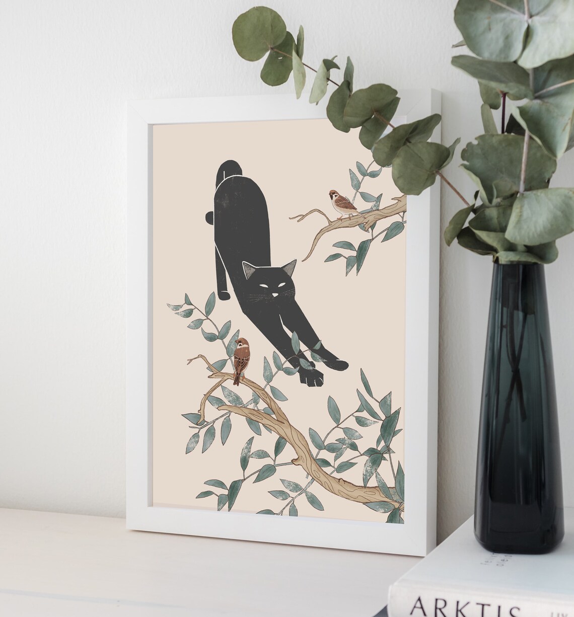 Stretching Black Cat and Birds Art Print - Image 4