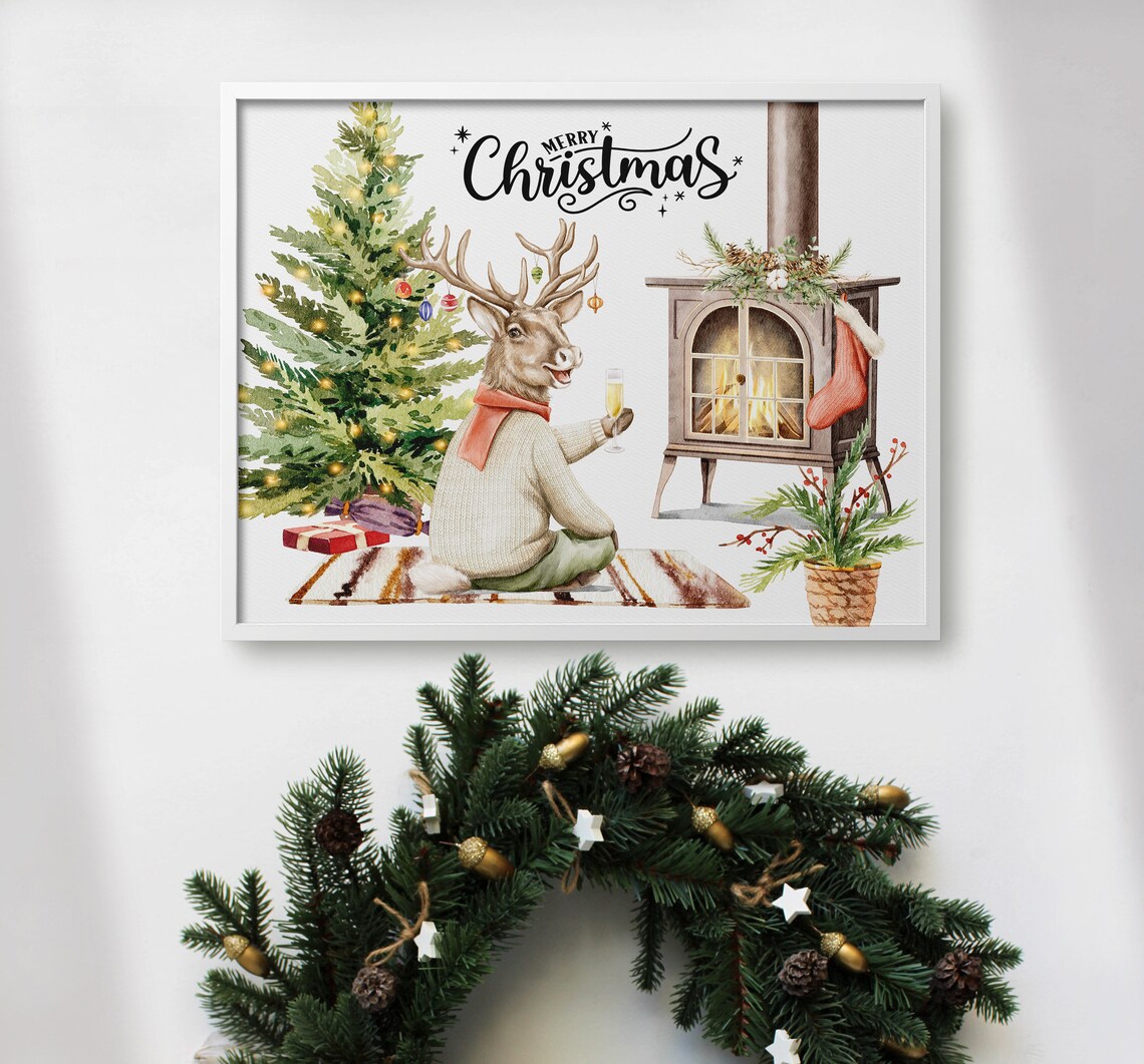 Merry Christmas Reindeer Celebrating By Cozy Stove Watercolor Poster - Image 3