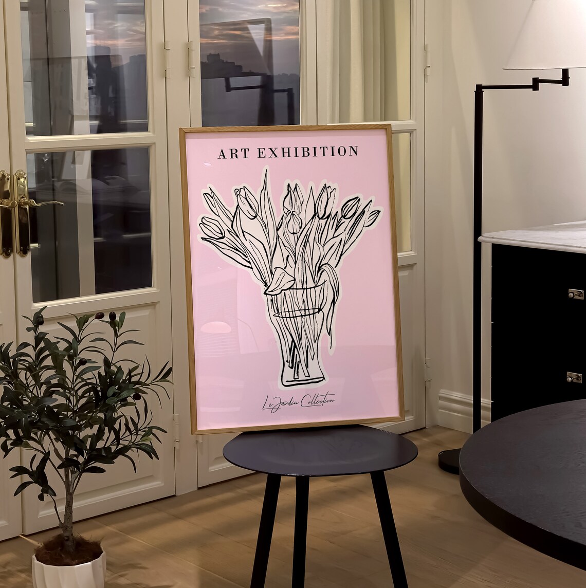 Art Exhibition Gallery Tulip Line Bouquet Pink Botanical Art Print