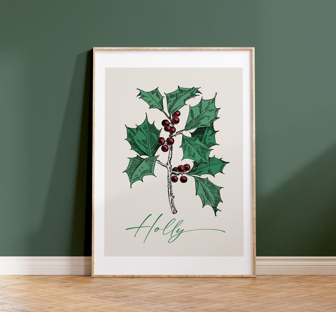 Holly Botanical Branch With Red Berries Vintage Christmas Poster