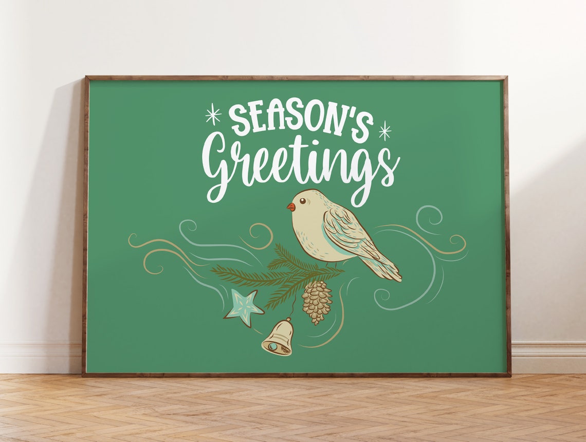 Seasons Greetings Cream Bird Pine Bell Green Christmas Poster