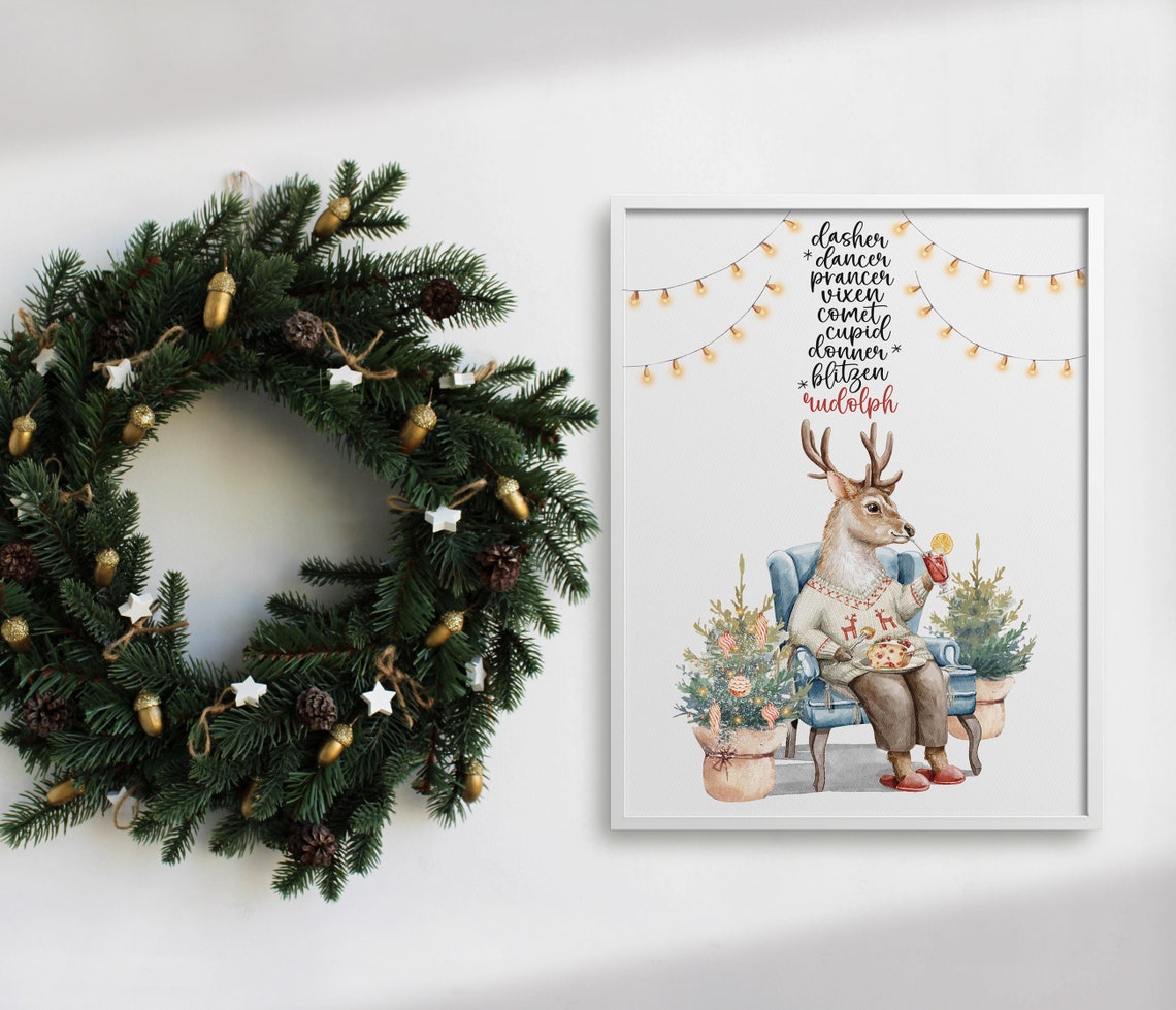 Santa Reindeer Names Dasher Rudolph Cozy Deer Watercolor Poster - Image 3