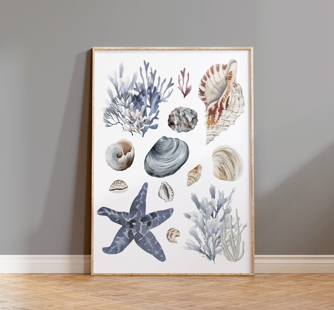 Blue Watercolor Sea Shells Starfish Coral Coastal Beach Wall Art