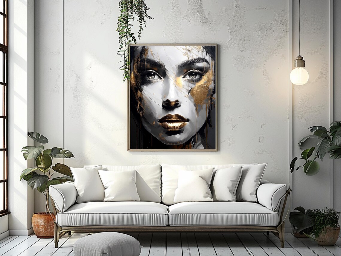 Gold Abstract Portrait, Modern Black Gold Face Painting - Image 3