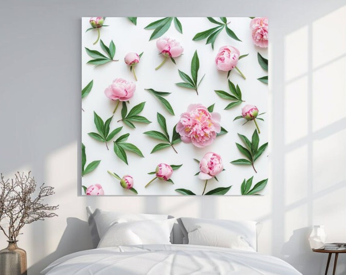 Pink Peony Flowers Flat Lay Pattern Green Leaves White Botanical Print