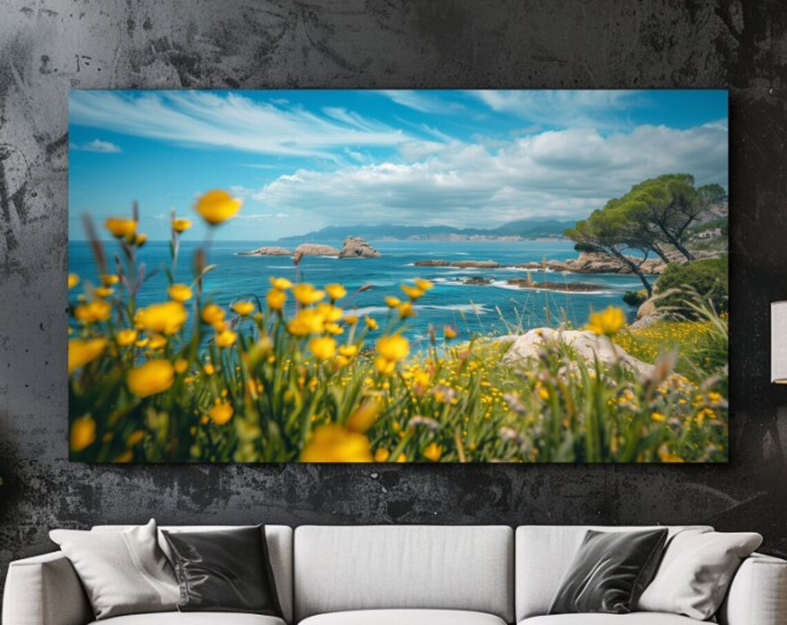Sunny Coastal Seascape Yellow Wildflowers Rocky Shore Poster