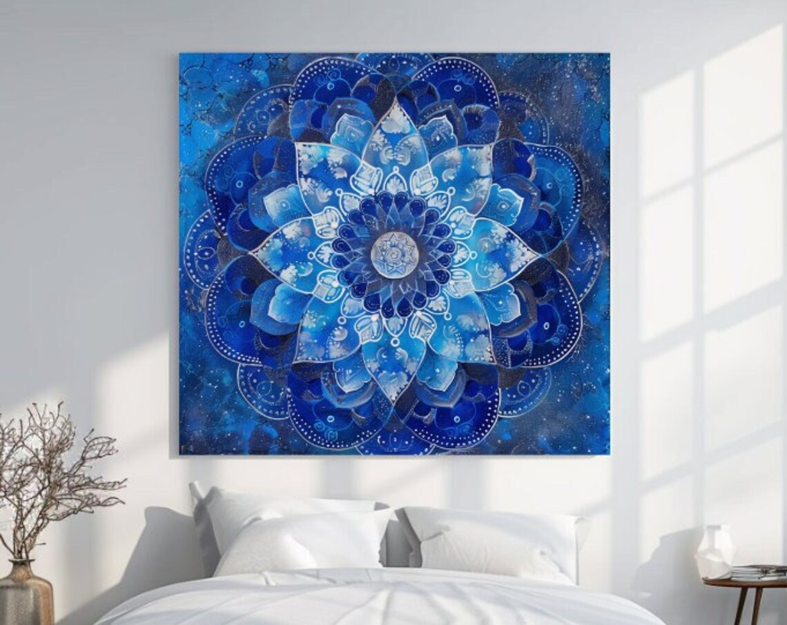 Blue Mandala Layered Floral Watercolor Spiritual Calm Wall Art