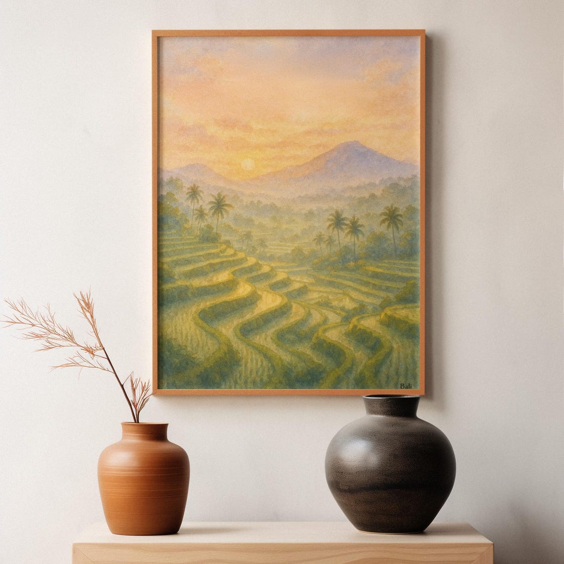 Bali Rice Terraces Tropical Sunrise Watercolor Landscape Wall Art