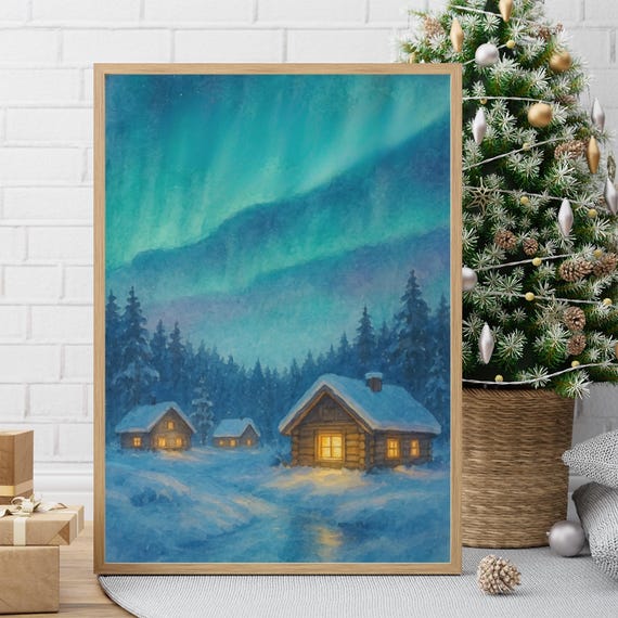 Lapland Northern Lights Print Aurora Borealis Cabin Watercolor Cozy Winter Night