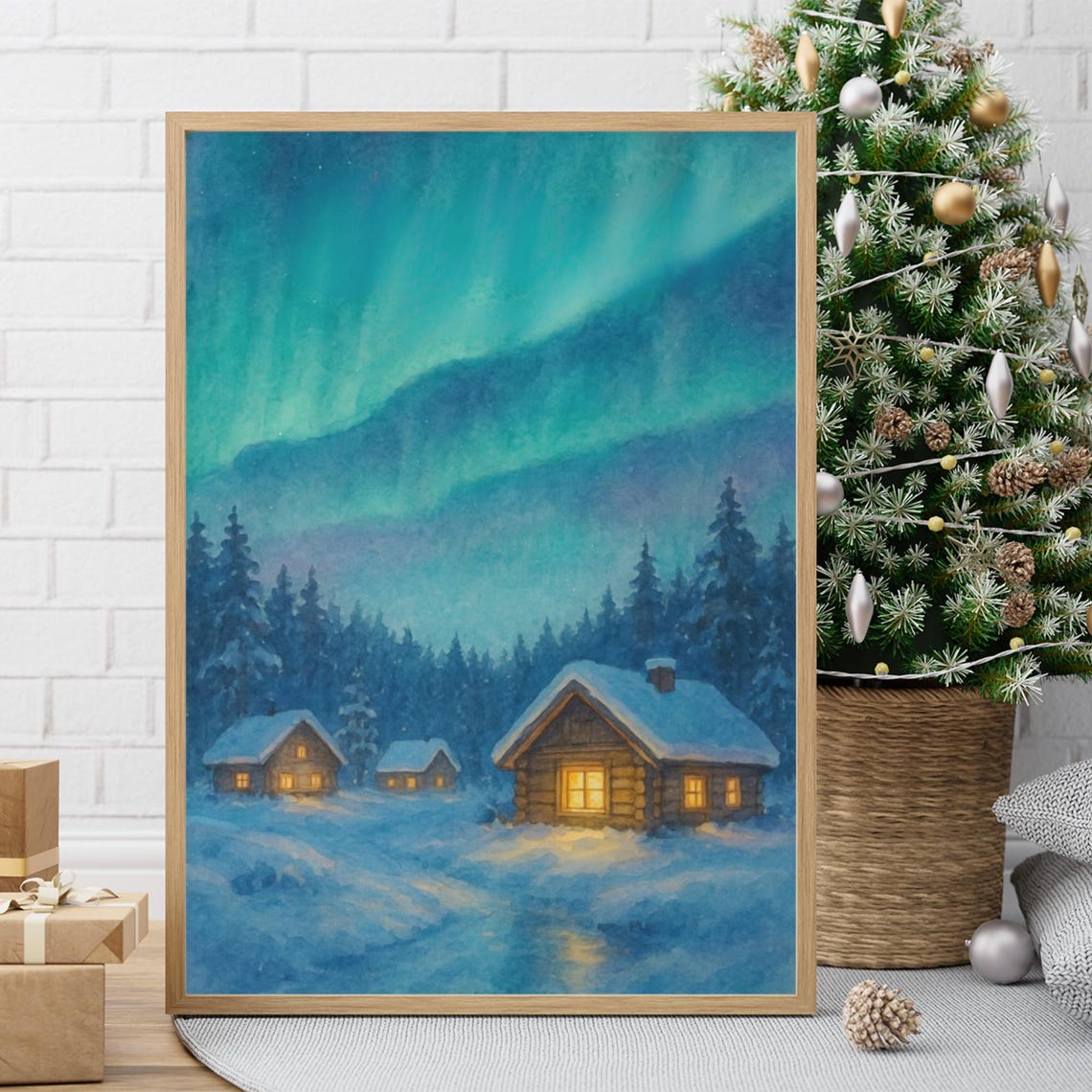 Lapland Northern Lights Snowy Cabins Aurora Winter Watercolor Poster