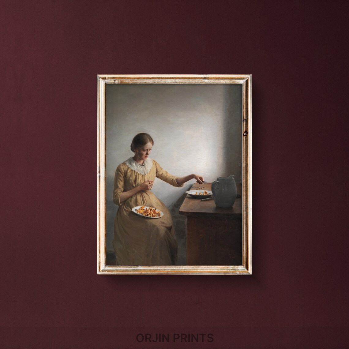 Young Woman Quietly Cleaning Mushrooms Soft Window Light Art Poster
