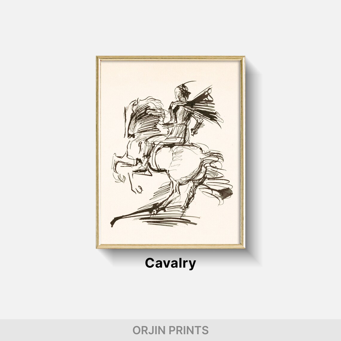 Dynamic Horseman Rearing Horse Flowing Cape Ink Sketch Art Poster - Image 2