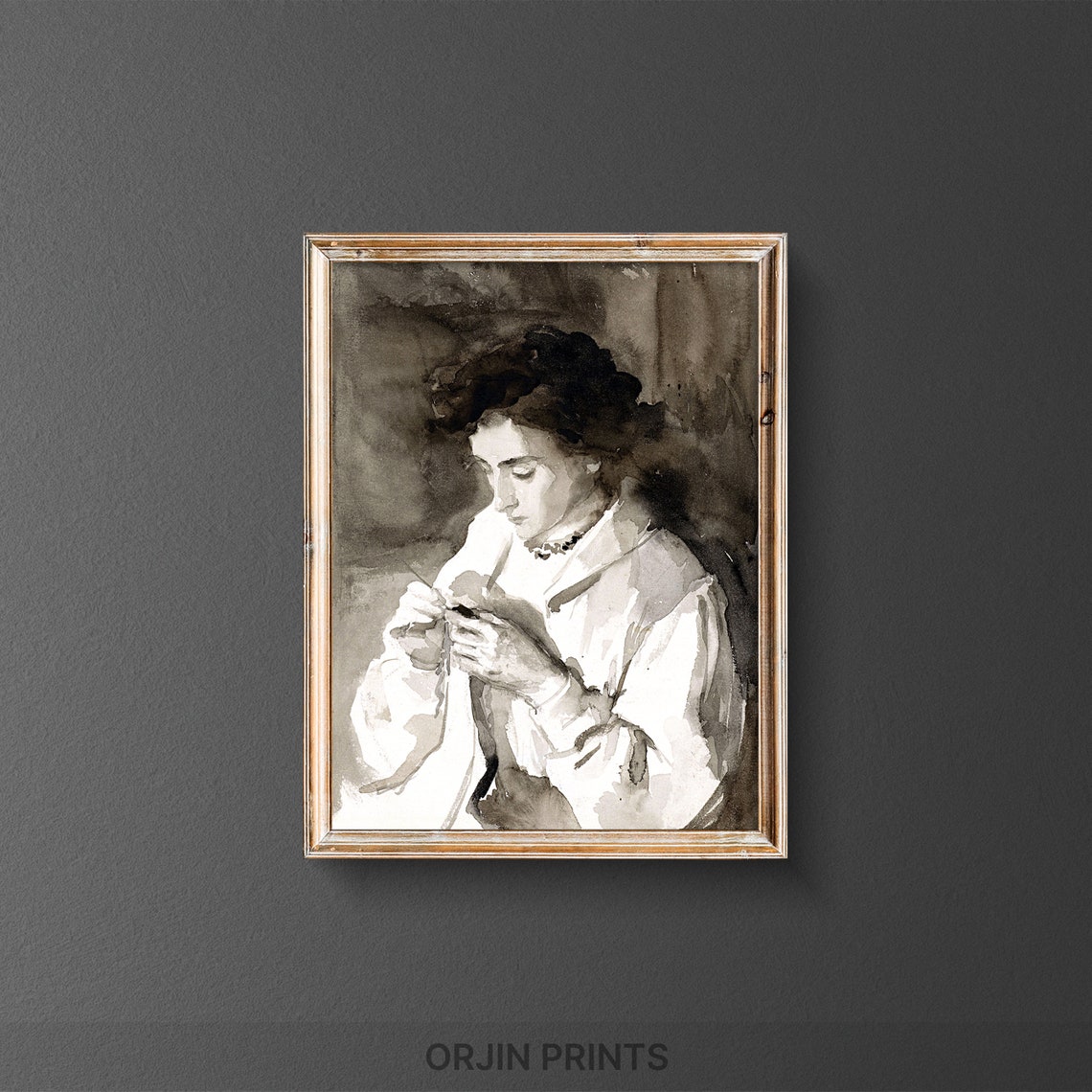Monochrome Woman Sewing Ink Wash Vintage Portrait Style Print