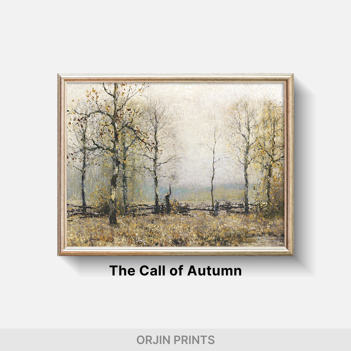 Golden Autumn Birch Forest Rustic Fence Vintage Painting Style Print - Image 2