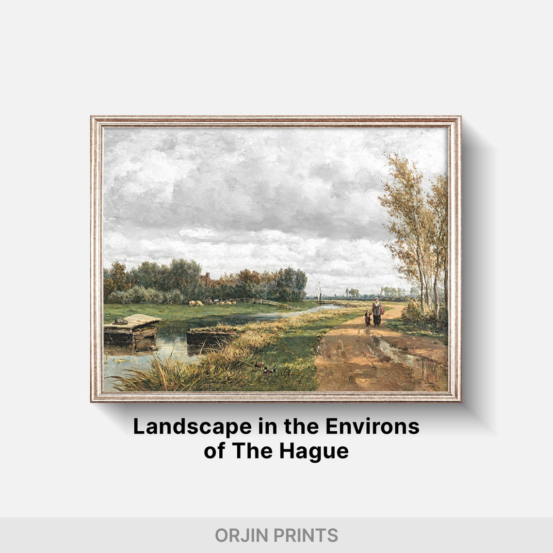 Vintage Riverside Landscape Walking Figures Moody Sky Art Poster - Image 2