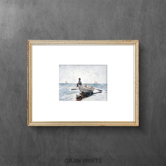 Boys Rowing Small Boat Open Sea Sailboats Vintage Watercolor Art Poster