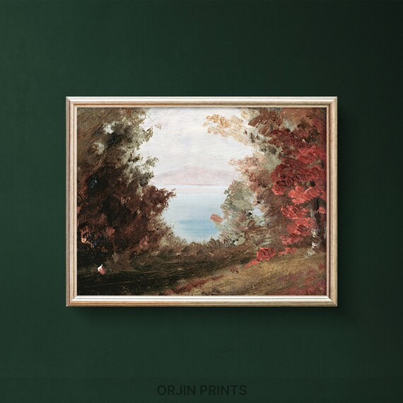 Autumn Woodland Red Foliage Lake View Vintage Painting Style Print