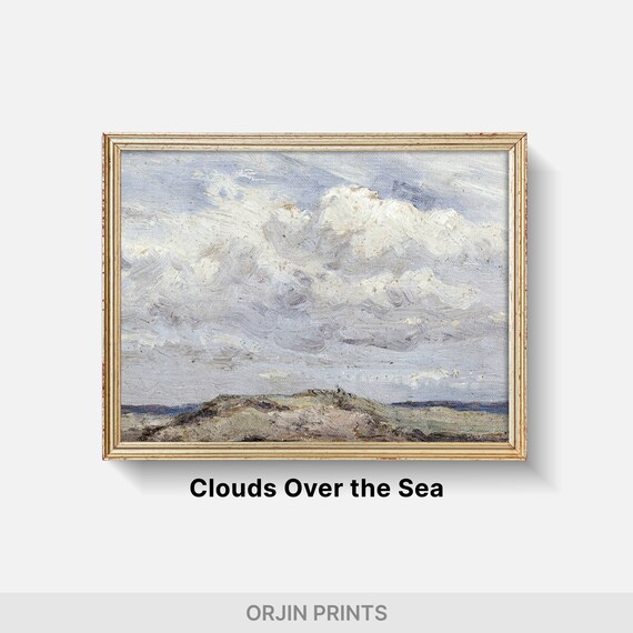 Dramatic White Clouds Rocky Coastline Sea Oil Sketch Art Poster