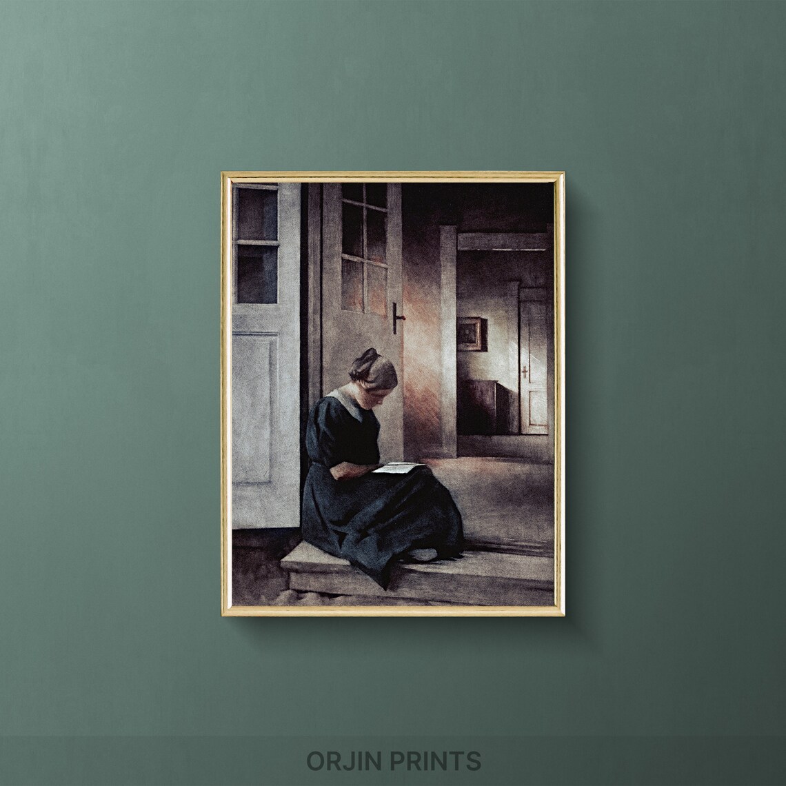 Woman Reading Book on Doorstep Quiet Interior Oil Painting Poster
