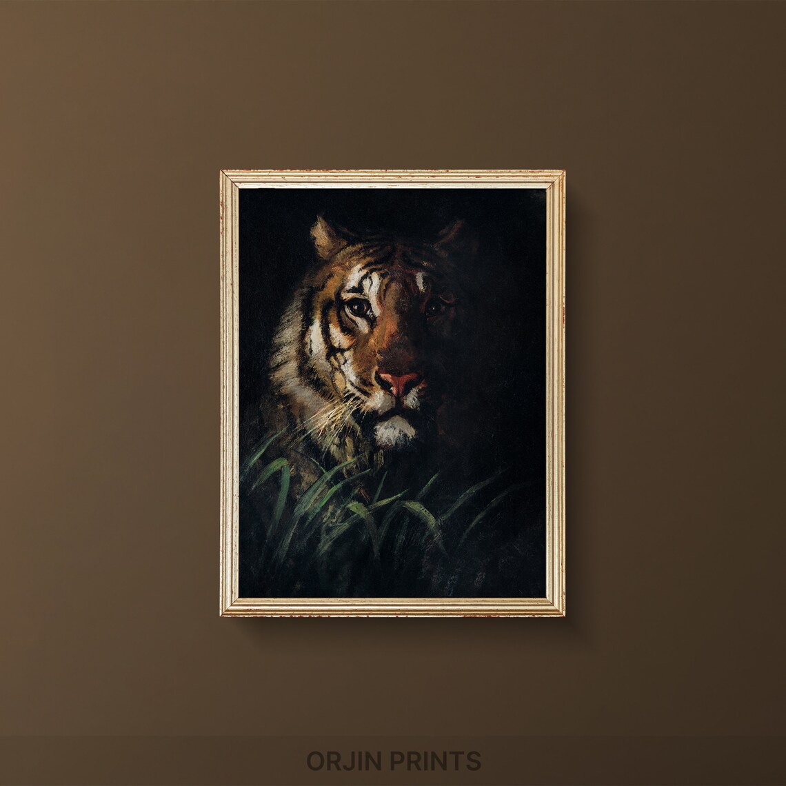 Majestic Tiger Face Emerging From Dark Grass Dramatic Wildlife Art Poster