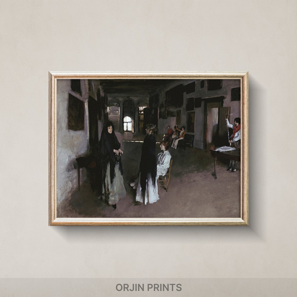 Moody Dark Interior Women Long Dresses Arched Window Art Poster
