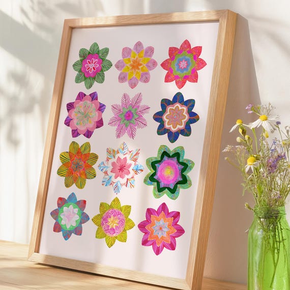 Abstract Floral Art Print Maximalist Wall Dopamine Decor For Apartment Boho Flower Poster Eclectic Colorful Illustration