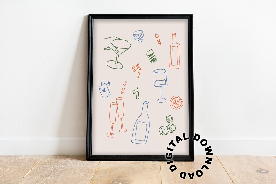 Colorful Cocktail Party Doodle Line Art Bar Cart Illustration Print