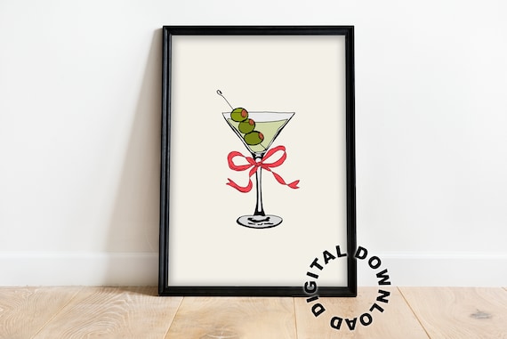 Martini Glass With Red Bow And Green Olives Trendy Cocktail Bar Poster