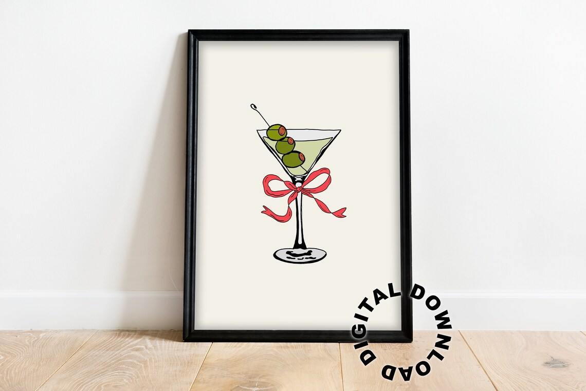 Martini Glass With Red Bow And Green Olives Trendy Cocktail Bar Poster