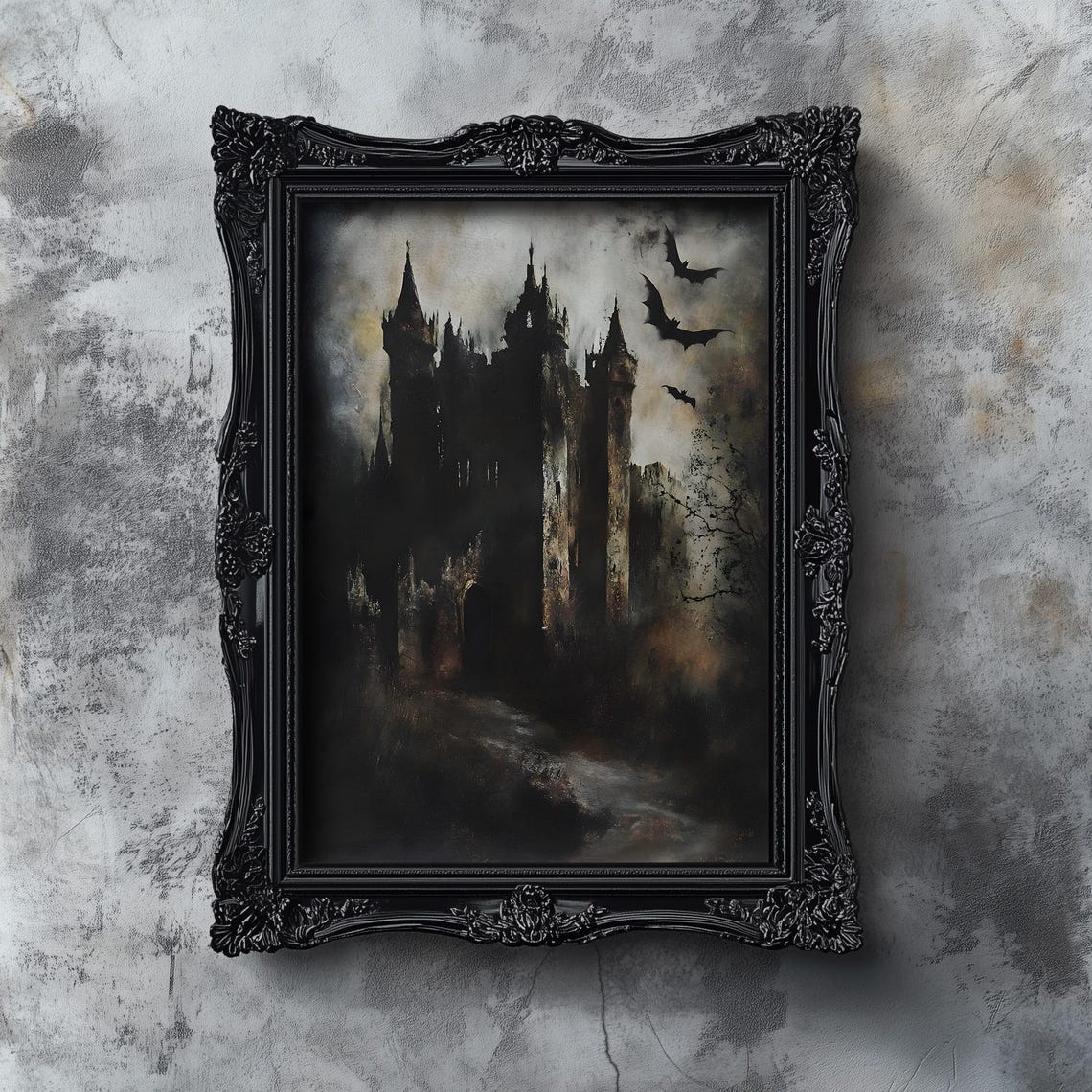 Dark Gothic Castle with Bats Haunted Spooky Halloween Art Poster