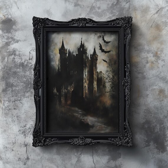 Dark Gothic Castle with Bats Haunted Spooky Halloween Art Poster