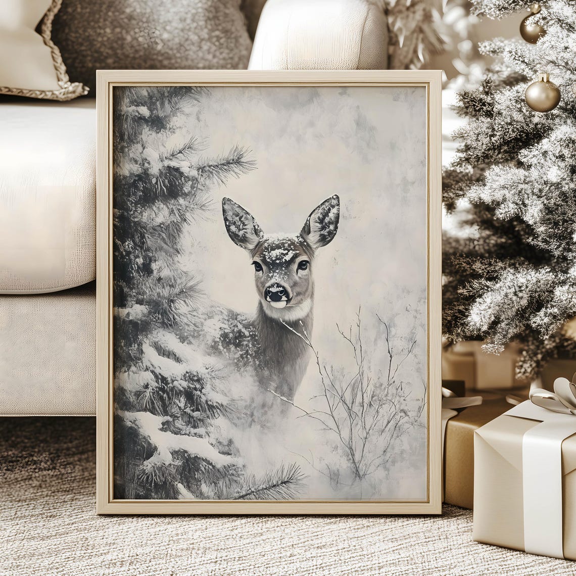 Vintage Noble Winter Deer Print Snowy Christmas Oil Painting Neutral Cozy Holiday Season Gallery Wall Art Antique Winter Landscape Decor