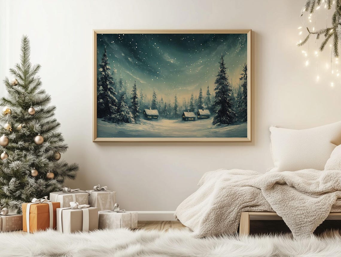 Christmas Snowy Village Under Starry Night Sky Winter Art Poster - Image 2