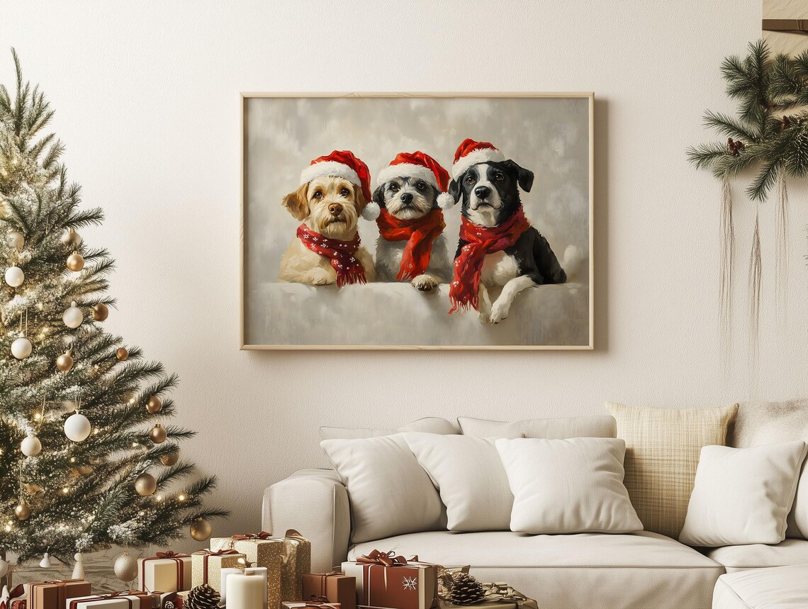 Three Dogs in Santa Hats and Red Scarves Festive Pet Portrait Poster - Image 2